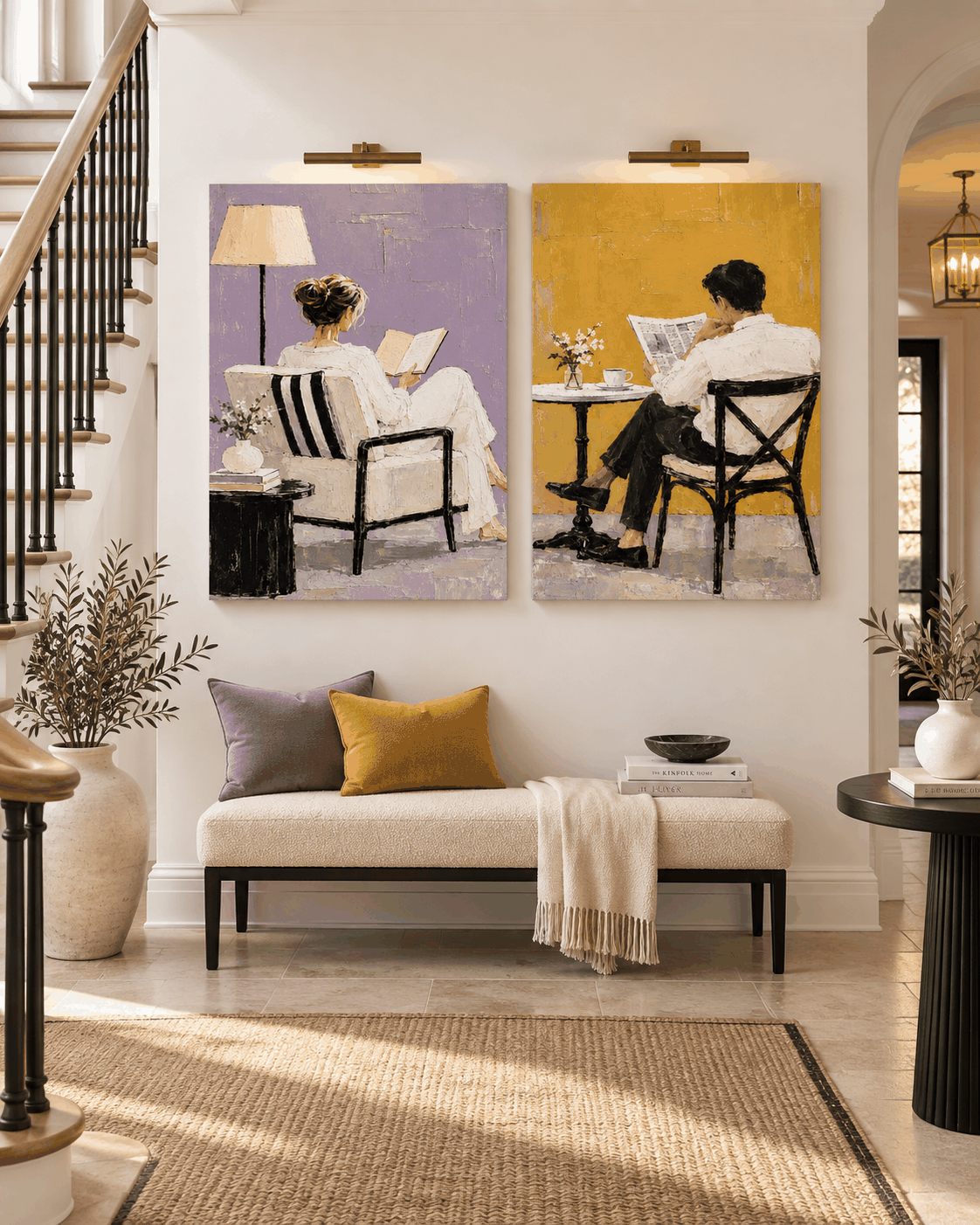 Hand-Painted Couple Reading Diptych Modern Wall Art Purple Yellow