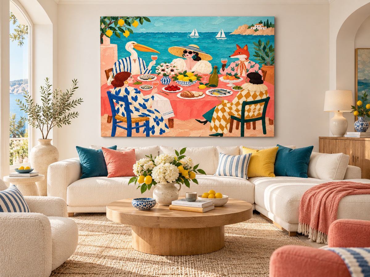 Vintage Surrealism Canvas Painting Bright Impasto Texture Art Mediterranean Dining Room Wall Art Colorful Ocean View Painting