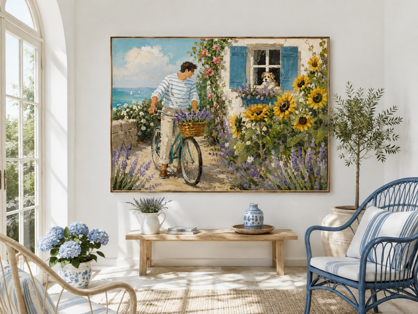 Man With Bicycle And Dog Coastal Landscape Hand-Painted Canvas Art