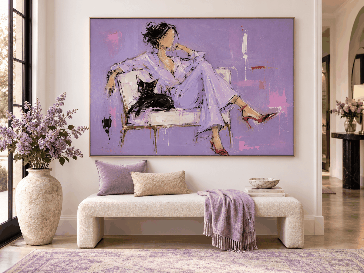 Woman With Black Cat Hand-Painted Canvas Art Abstract Fashion Art With Textured Purple And Red Accents