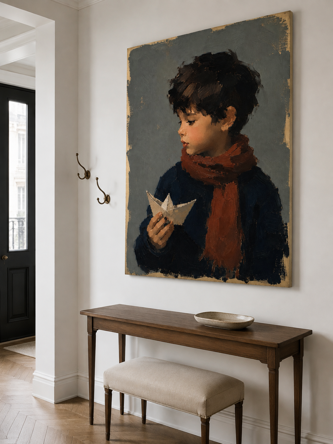 Vintage Kids Room Wall Art Boy Portrait With Red Scarf Original