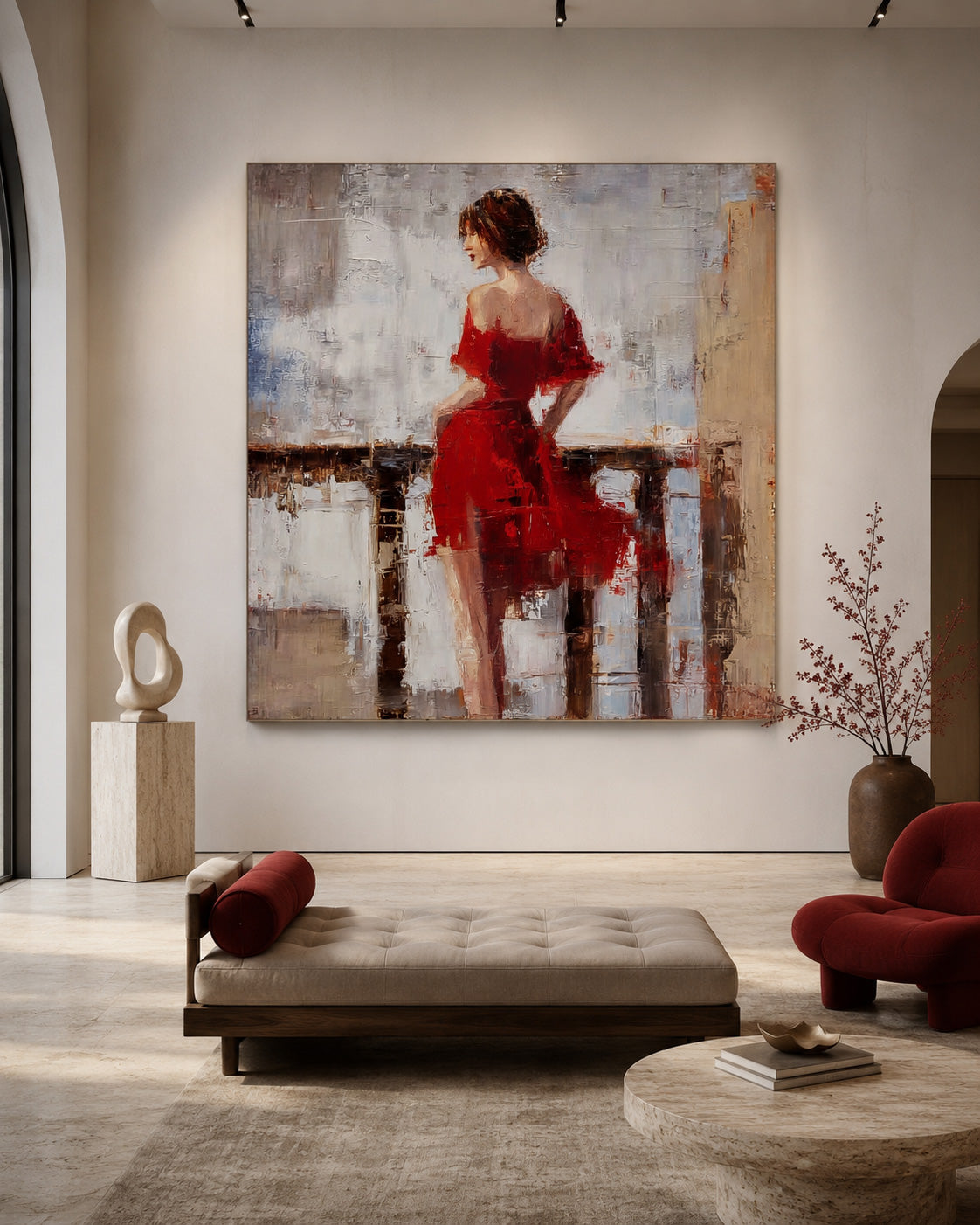 Vintage Style Red Dress Woman Painting Original Square Canvas Art For Living Room Decor