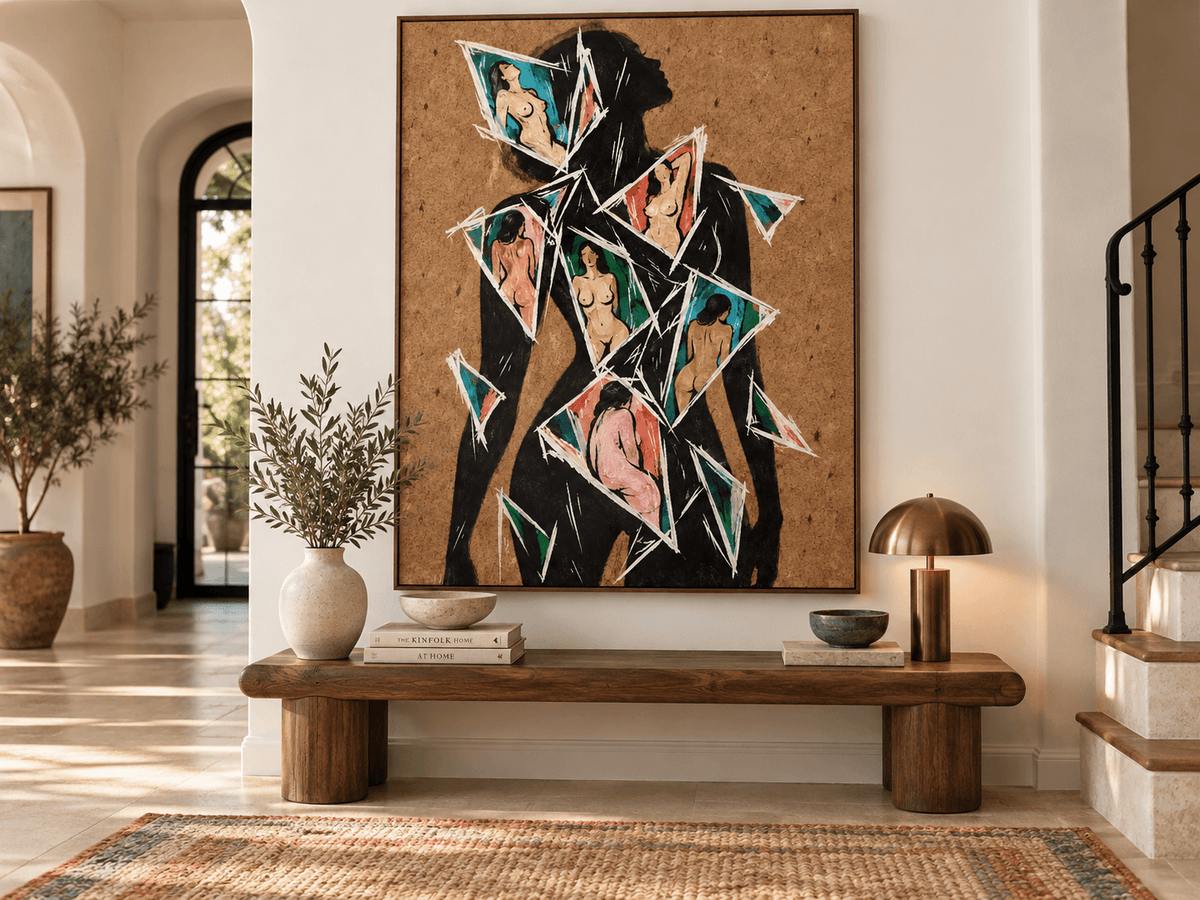 Abstract Female Silhouette Hand-Painted Canvas Art With Fragmented Nude Figures In Teal And Pink