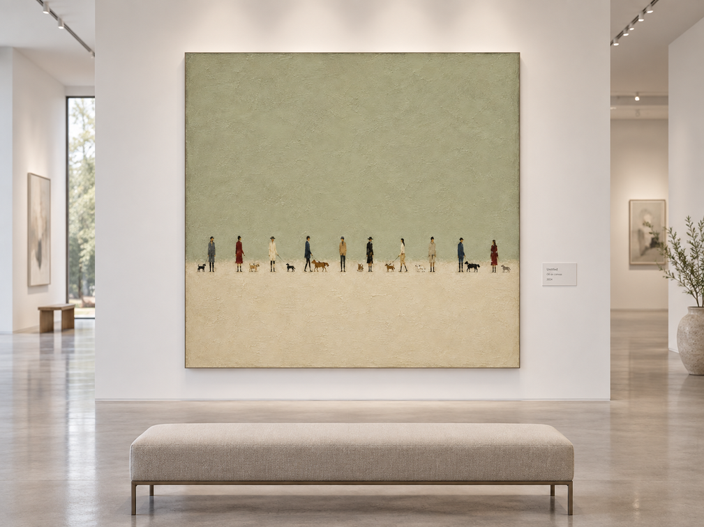 Textured Abstract Figure Painting With Urban Dog Walking Theme