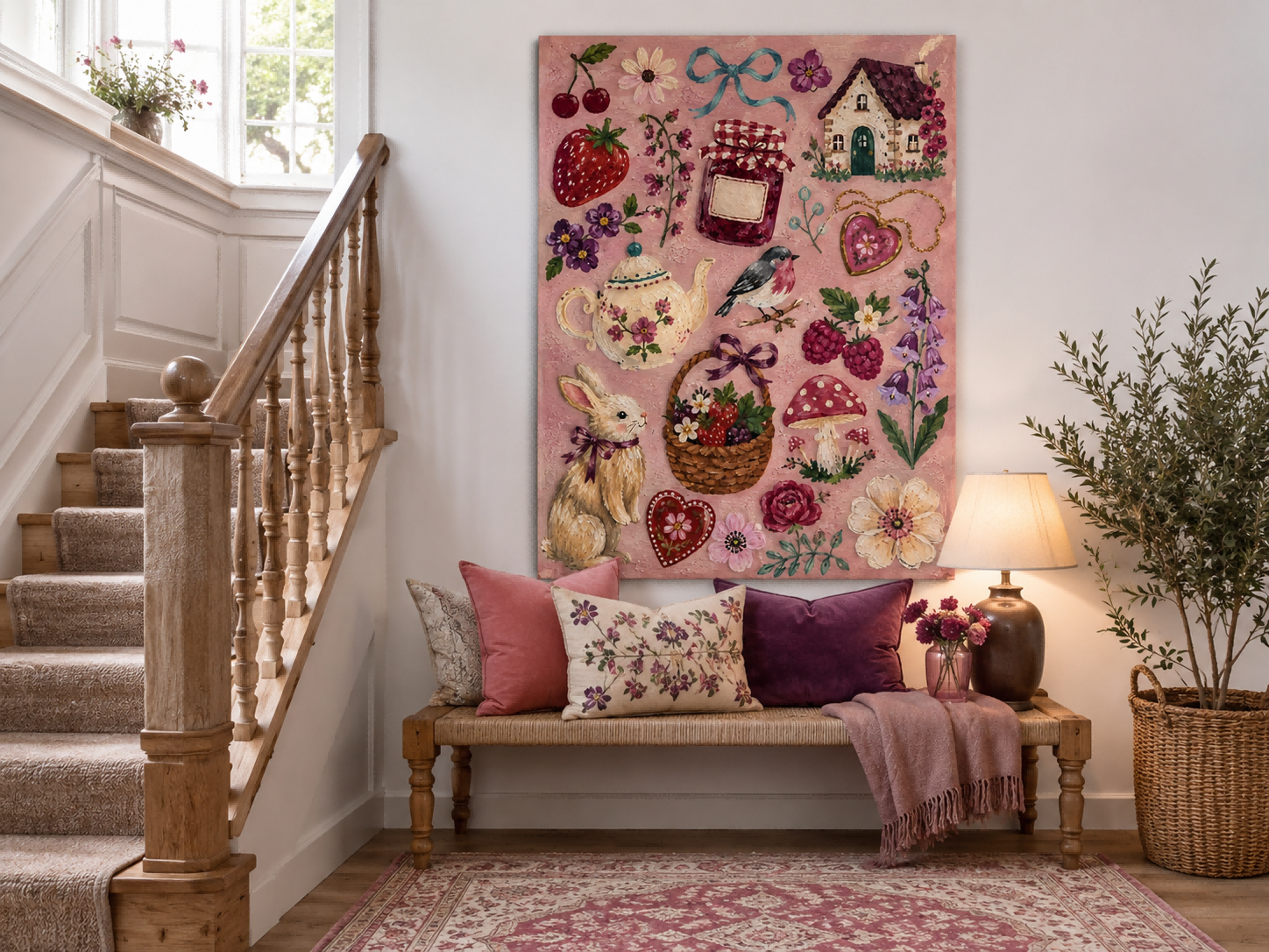 Vintage Pastoral Art With Berries And Cottage For Cozy Home Decor