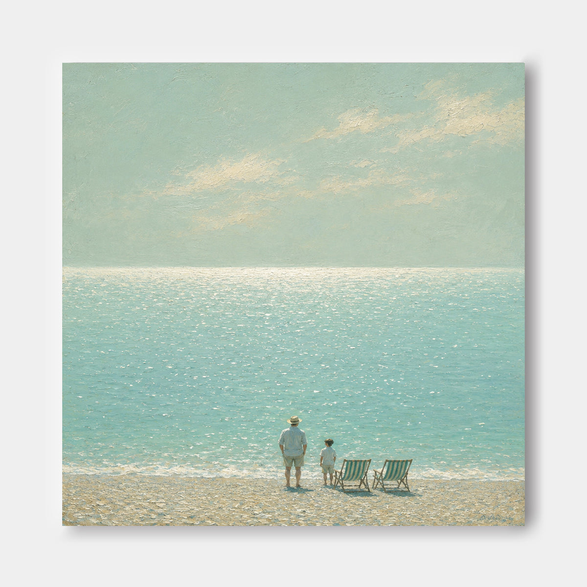 Father And Son Beach Scene Hand-Painted Canvas Art In Soft Blue Tones