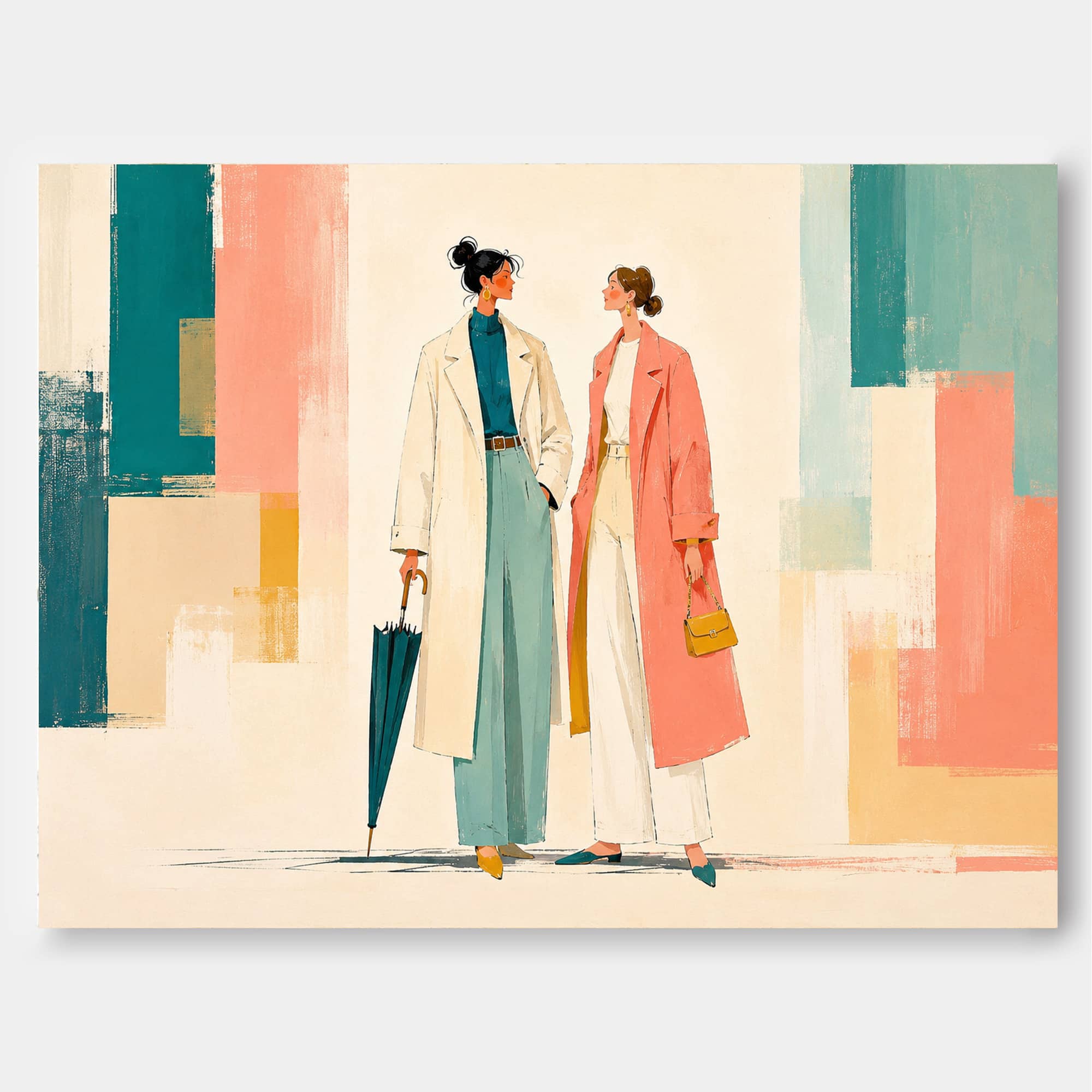 Modern Geometric People Art Print With Teal And Coral For Living Room Decor