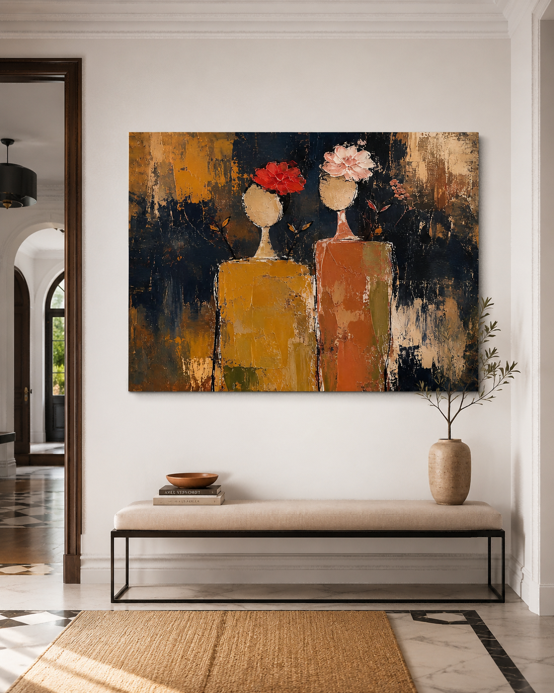 Vintage Modern Abstract Art Canvas Textured Painting With Pink And Red Flowers