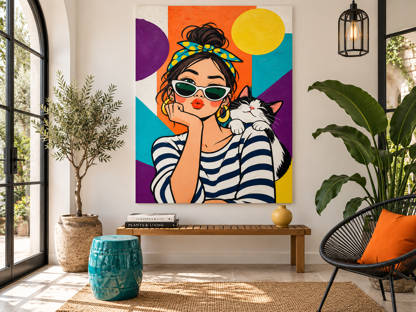 Retro Pop Art Canvas Painting Geometric Bright Colors Original