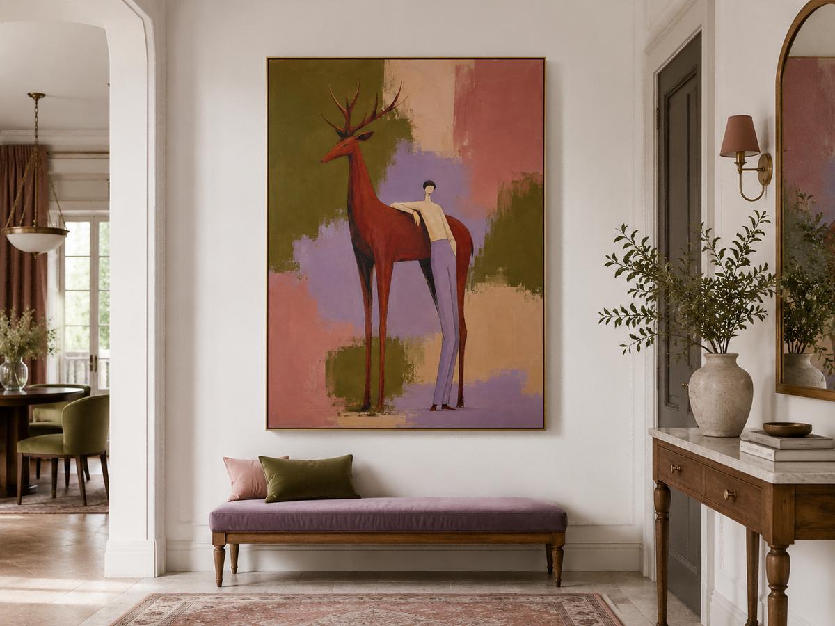 Abstract Man And Red Deer Canvas Painting Hand-Painted Wall Art