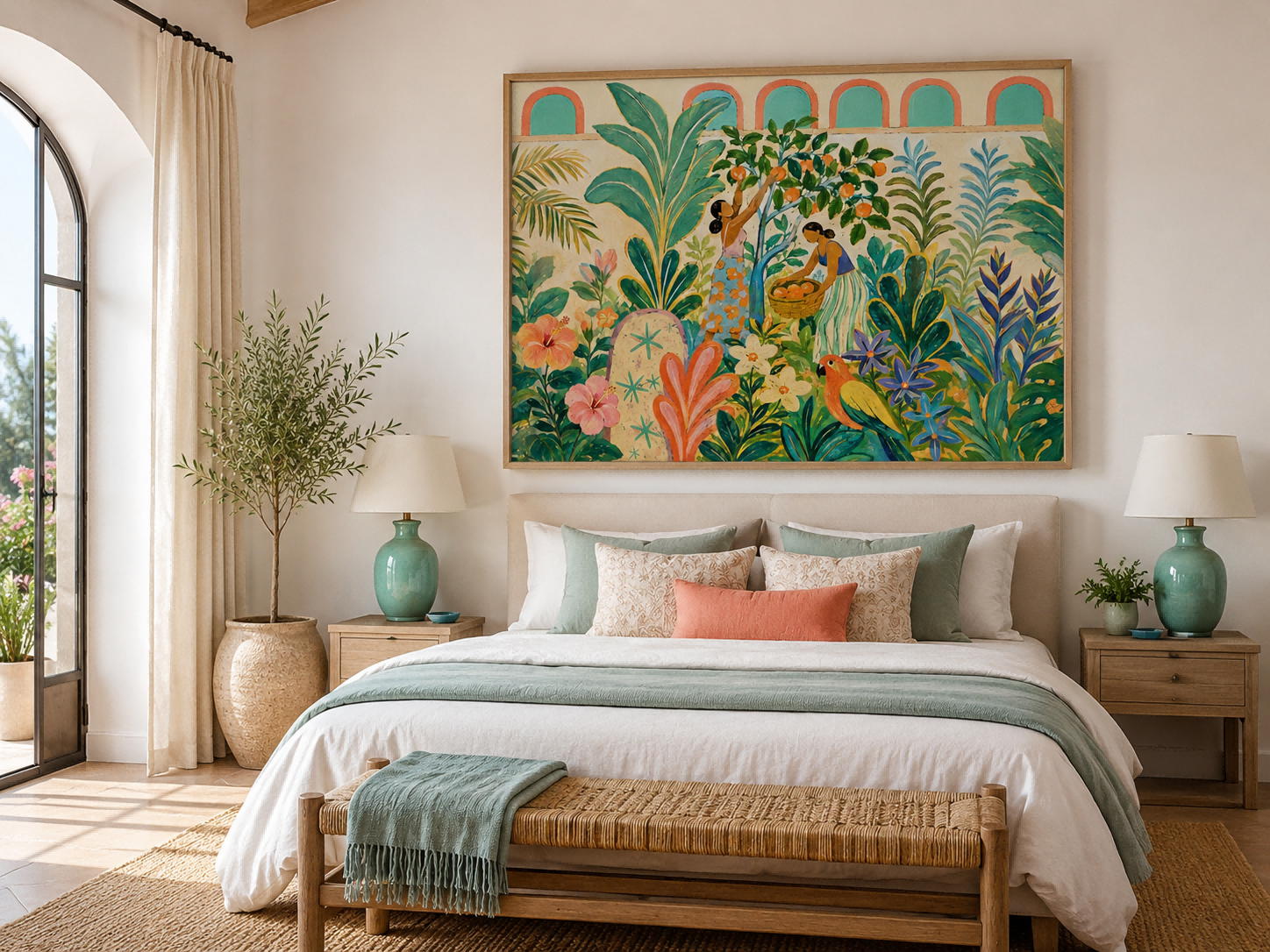 Fantasy Landscape Oil Painting In Art Deco Style Featuring Fruit Picking And Exotic Birds On Canvas