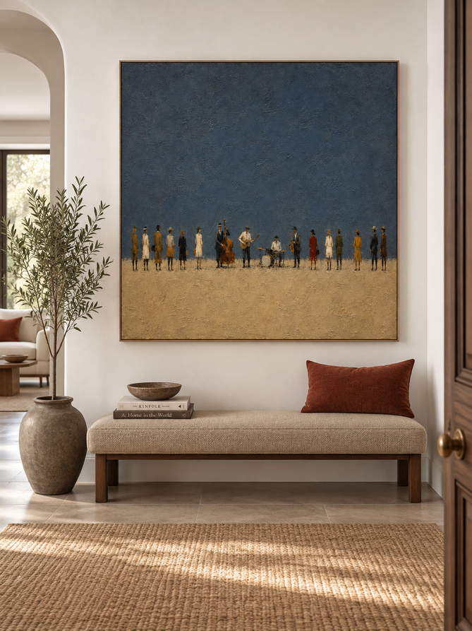 Vintage Jazz Band Hand-Painted Canvas Art With Morandi Colors