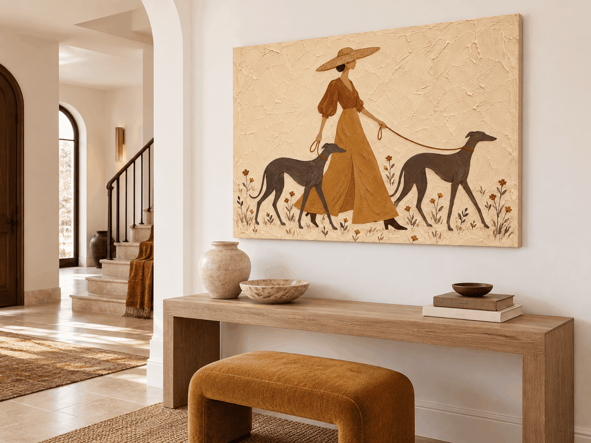 Vintage Woman With Dogs Canvas Painting Abstract Pastoral Art Beige