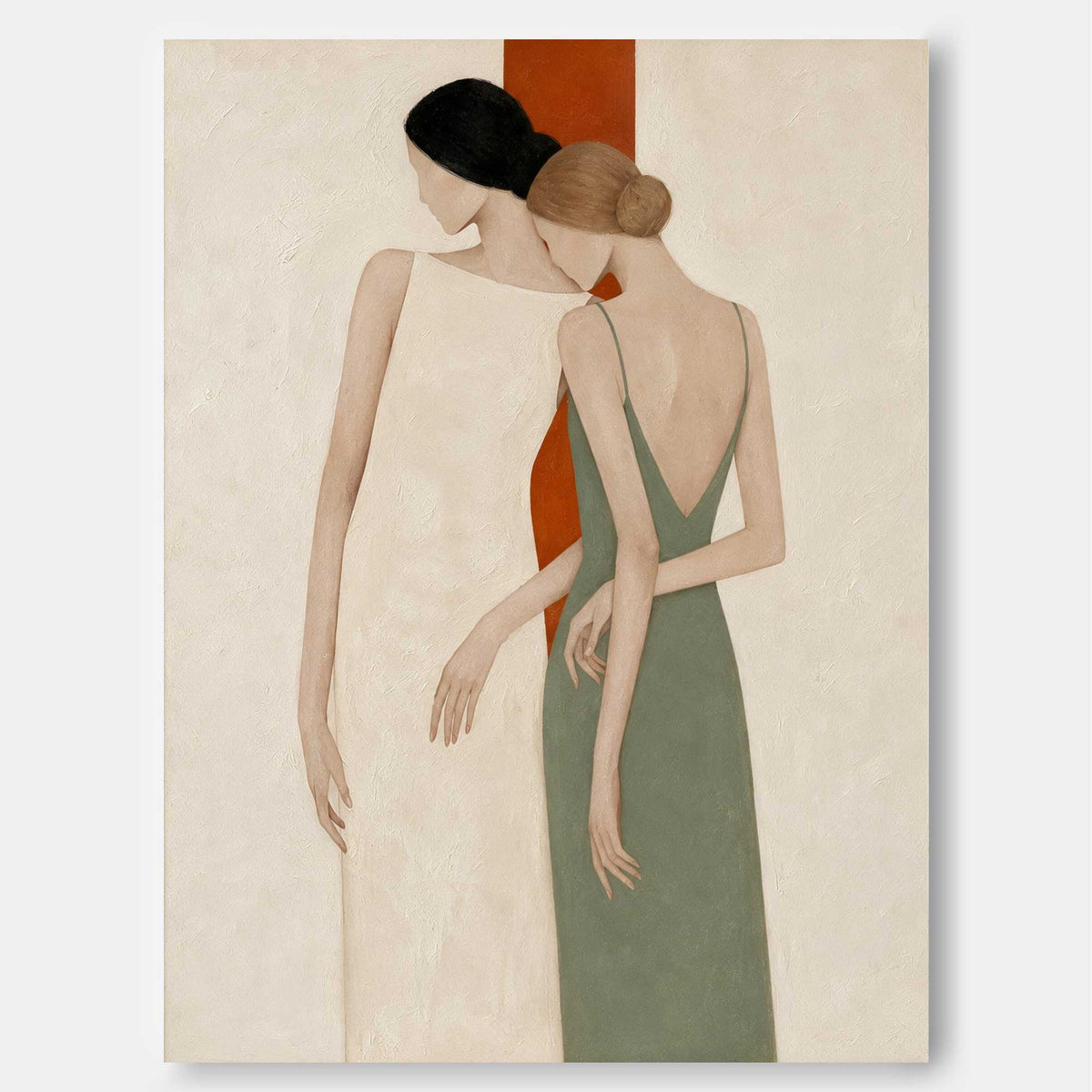 Minimalist Two Women Portrait Hand-Painted Canvas Art In Beige And Green