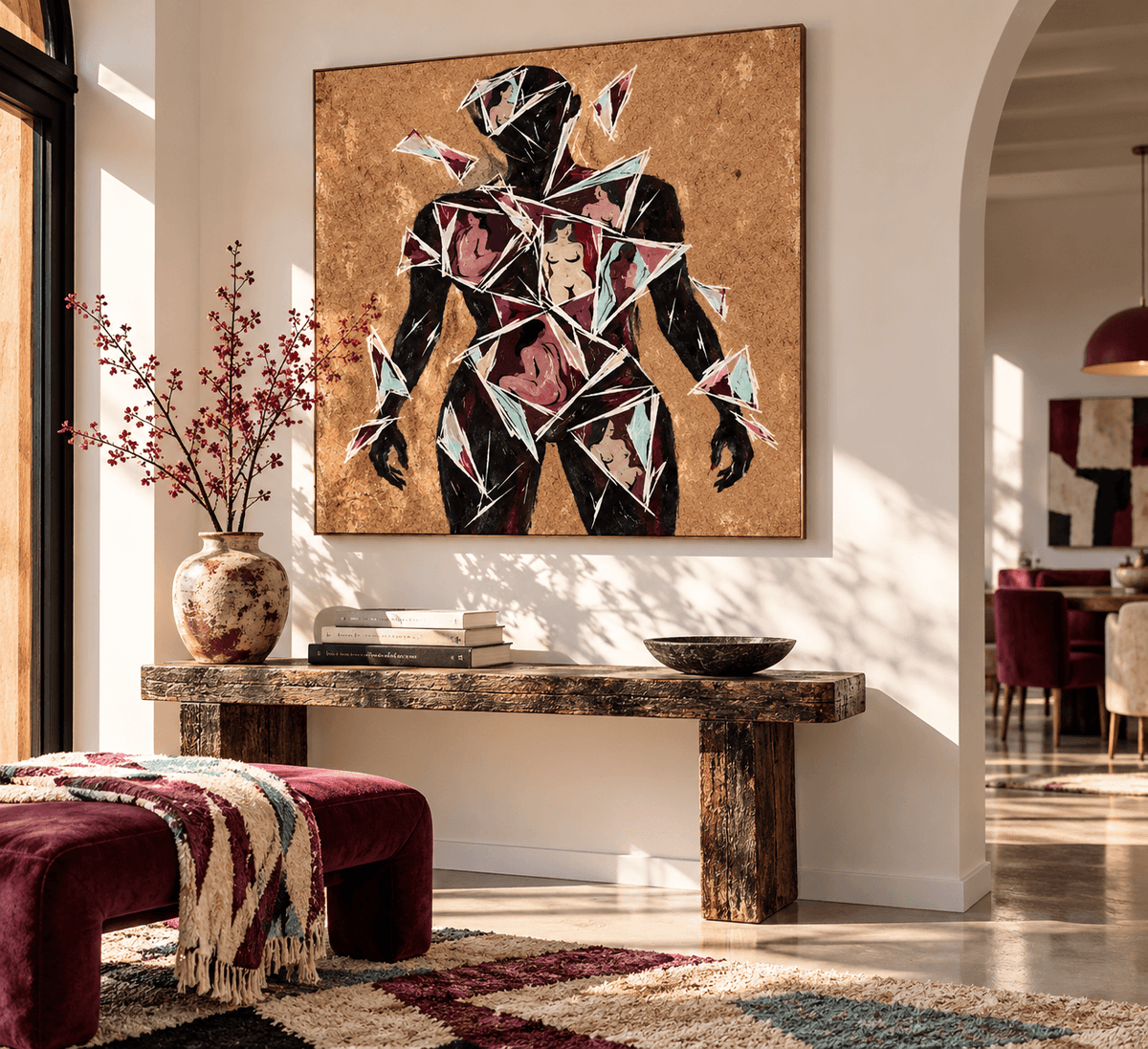 Abstract Human Silhouette Cubist Canvas Painting With Geometric Shards