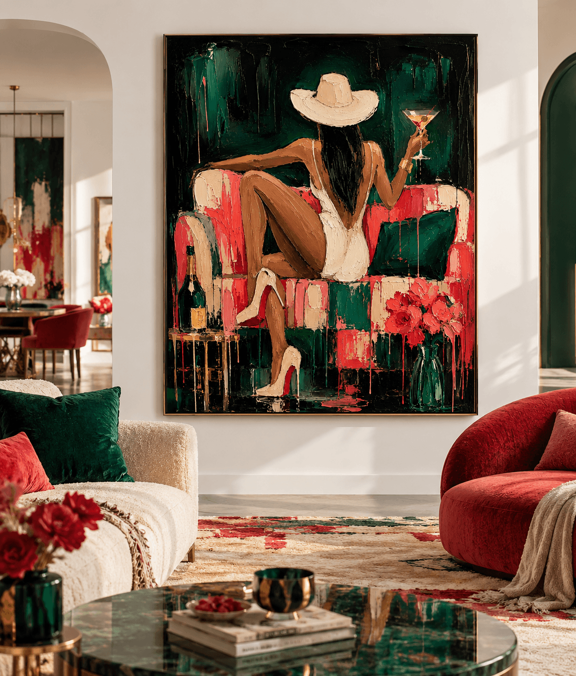 Elegant Woman In White Hat With Cocktail Modern Canvas Painting