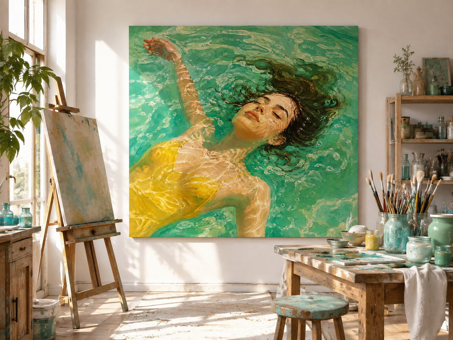 Realistic Oil Painting Of Woman Floating In Pool With Sunlight And Green Water For Modern Home Decor