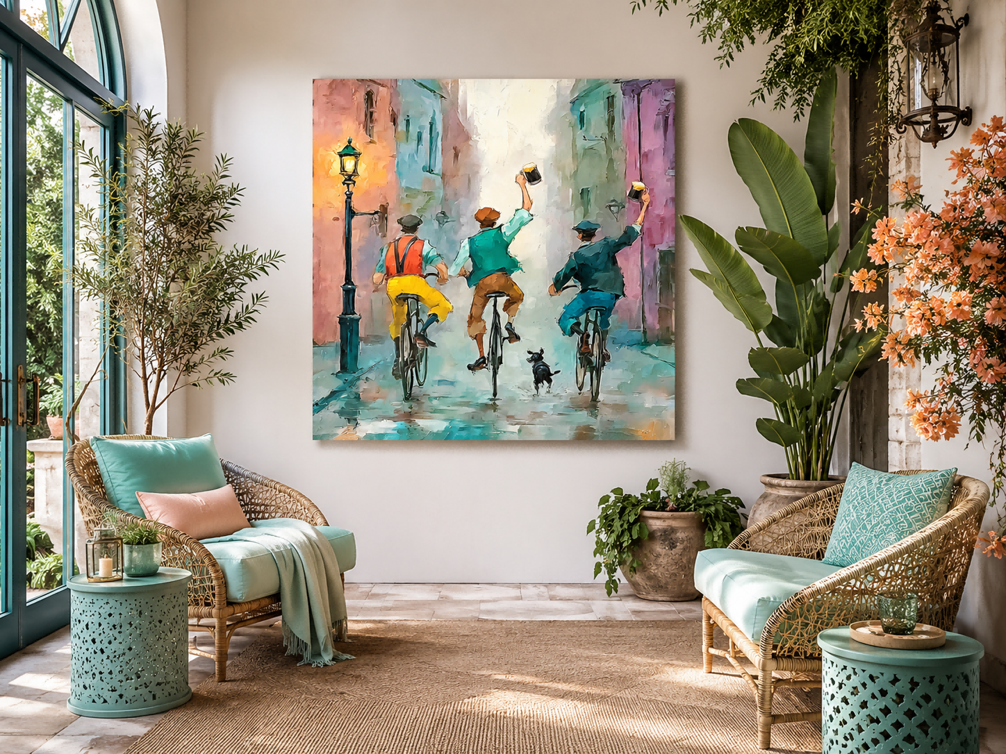 Textured Urban Narrative Painting Featuring Cyclists Dog And Reflections For Modern Home Interior Design