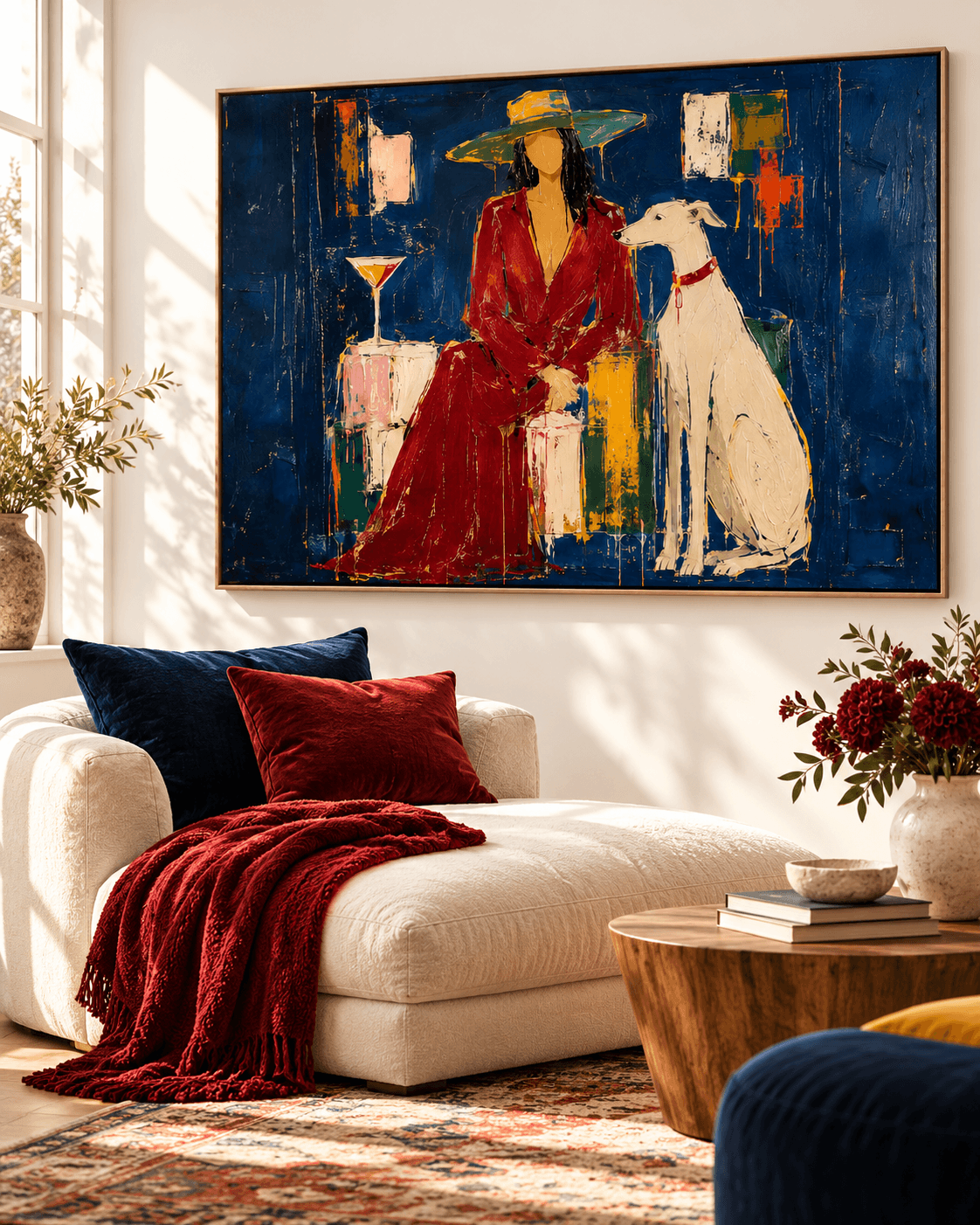 Modern Textured Art Abstract Portrait Of Lady With Dog In Blue