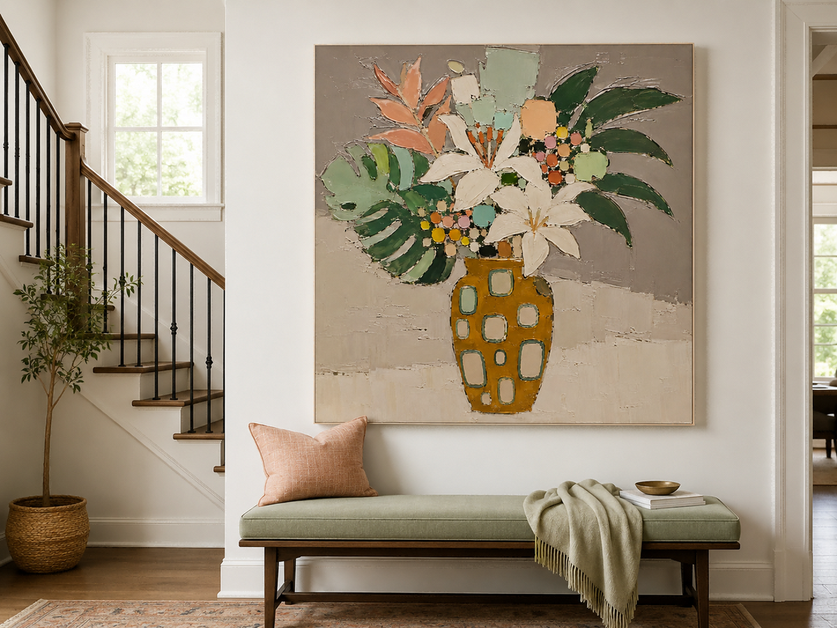 Abstract Floral Still Life With Lilies And Tropical Leaves Hand-Painted Canvas Art