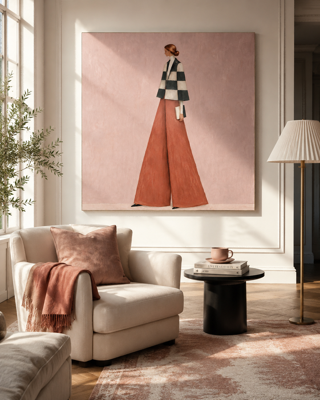 Fashion Woman In Checkered Jacket And Rust Pants Hand-Painted Canvas Art