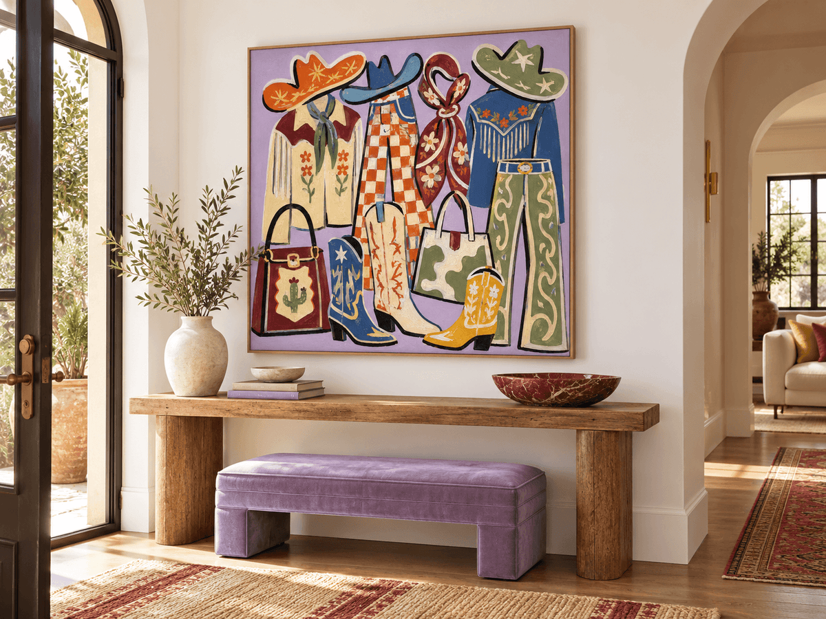 Vintage Pop Art Canvas Painting Of Cowboy Outfits In Purple Tone Handmade Original Wall Decor