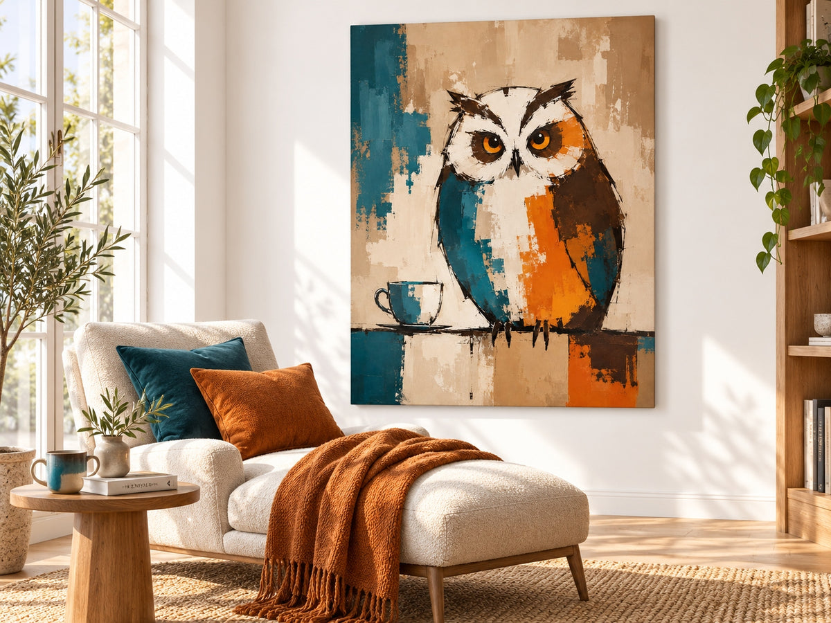 Minimalist Textured Canvas Art With Retro Color Block Design And Owl Theme