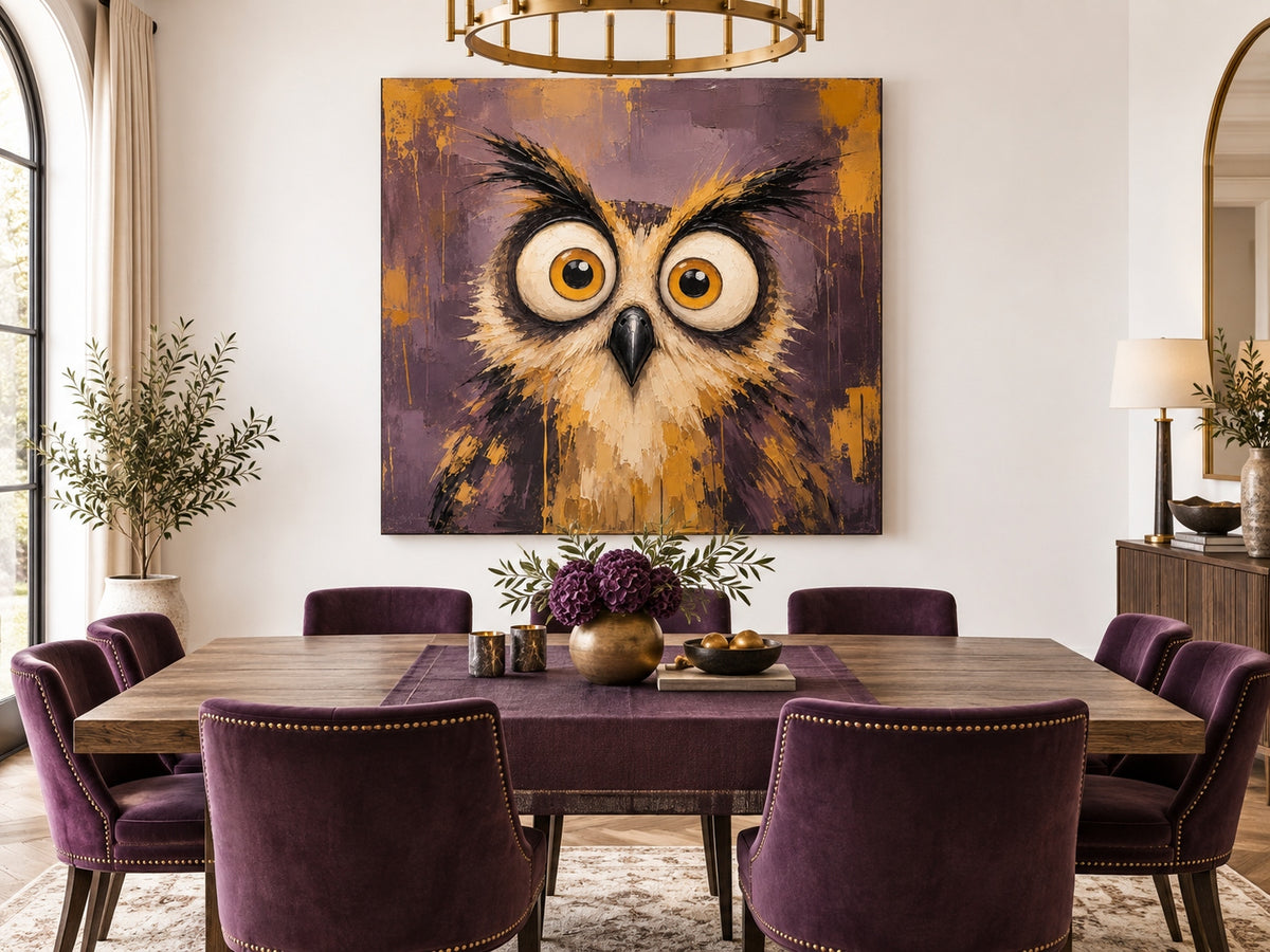 Abstract Pop Art Owl Painting With Textured Brushwork And Humorous Appeal