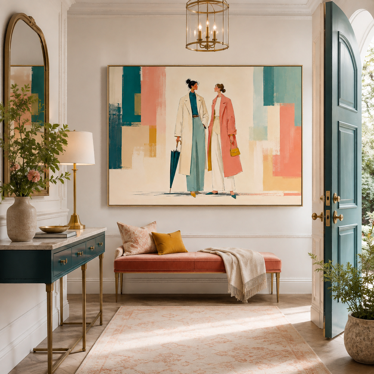 Modern Geometric People Art Print With Teal And Coral For Living Room Decor