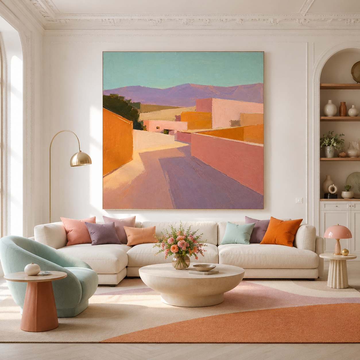 Modern Abstract Town Painting With Warm Tones For Contemporary Home Decor