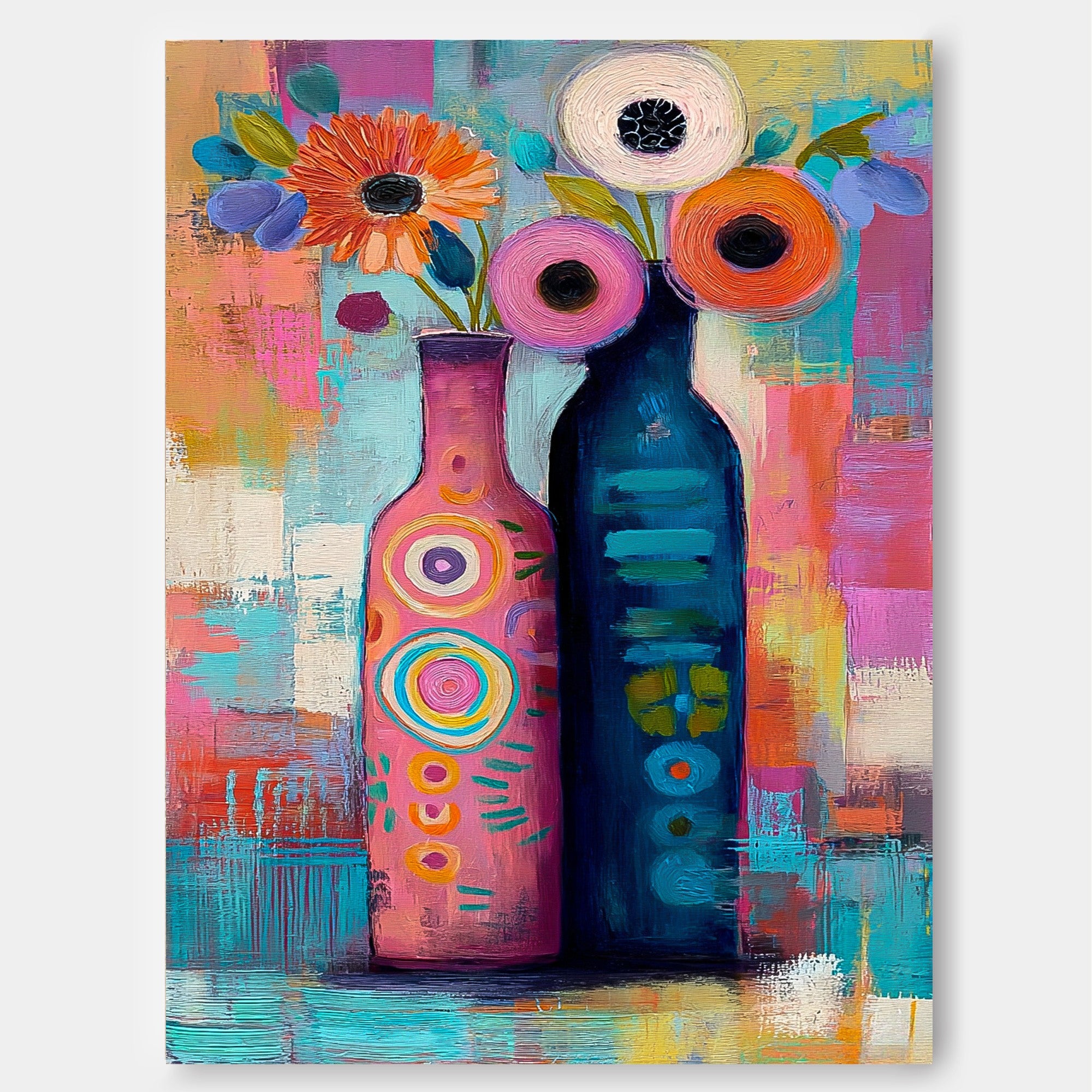 Abstract Vase Flower Painting In Bright Colors Handmade Oil Art For Eclectic Interior Design And Hallway