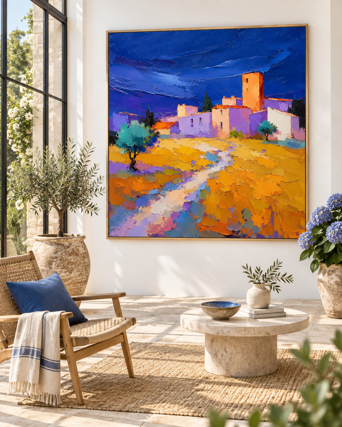 Impressionist Style Textured Canvas Painting With High Saturation Blue And Yellow Colors