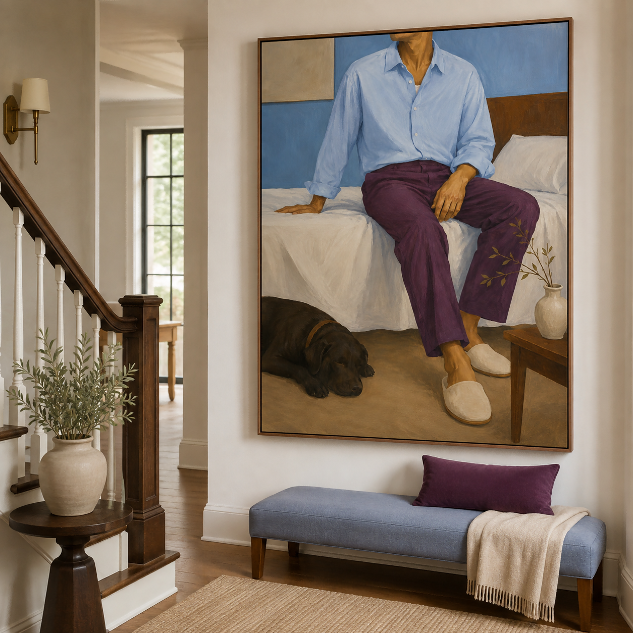 Modern Realist Oil Painting Of Casual Life And Companionship Cozy Bedroom Wall Art With Man And Pet Dog In Blue Tones