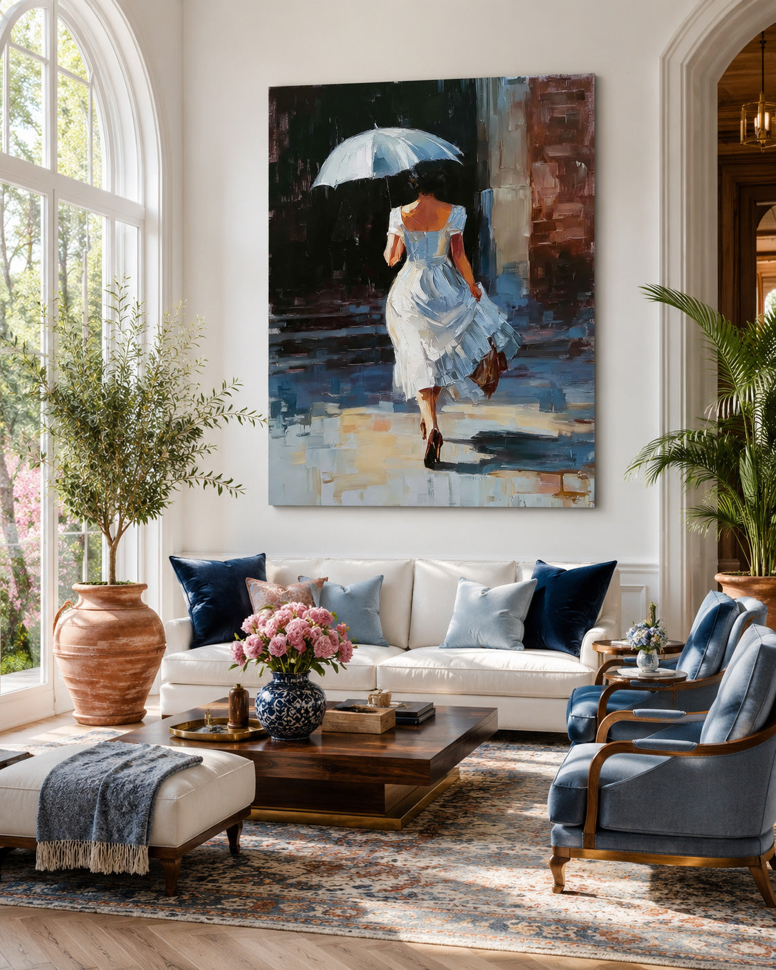 Woman With Umbrella Oil Painting Modern City Street Art For Living Room Decor