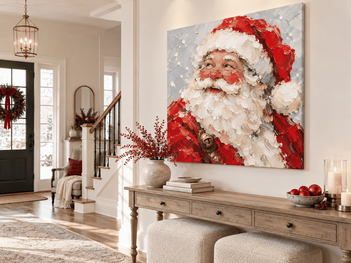 Hand-Painted Santa Claus Portrait With Gold Bell And Glasses Original Canvas Art