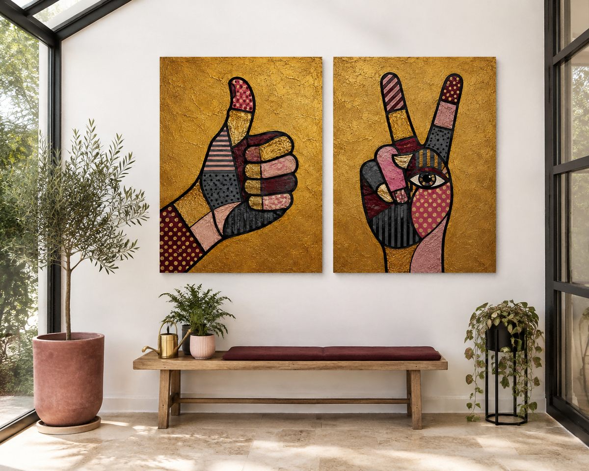 Hand-Painted Pop Art Hand Gestures Canvas Painting Set With Gold Background Eclectic Pop Art Canvas Set Pink Black Geometric Patterns On Gold