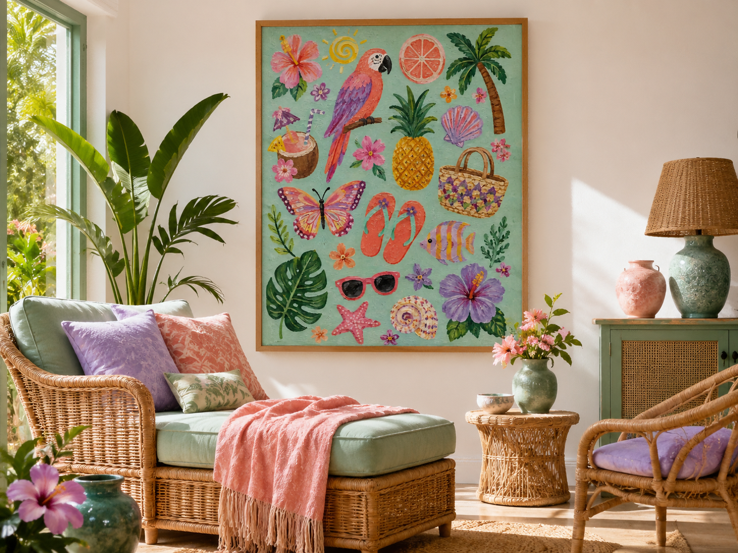 Vintage Coastal Wall Art With Seashells And Hibiscus Flowers For Beach House Bedroom