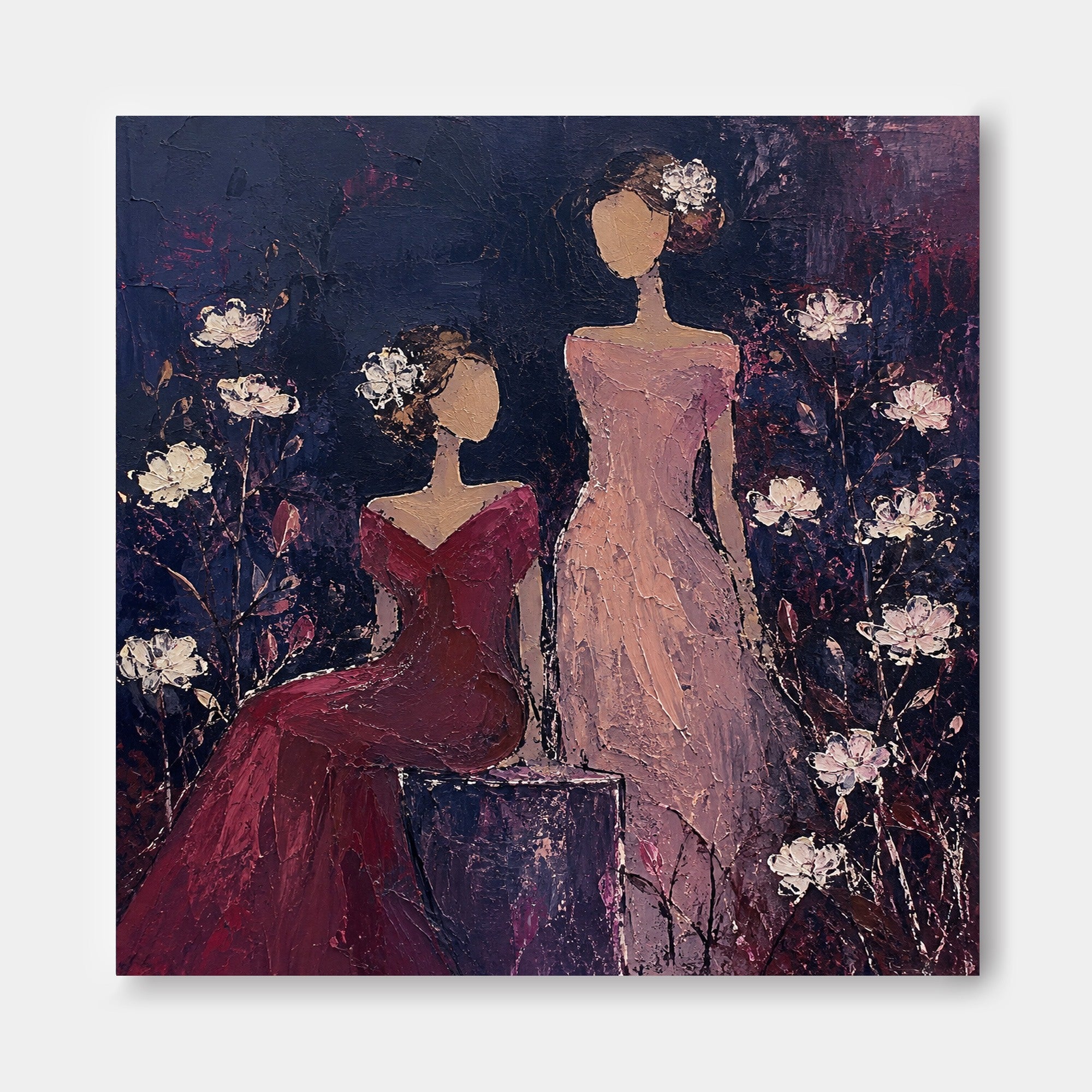 Vintage Faceless Women Painting With Flowers In Purple And Red For Bedroom Wall Art Decor