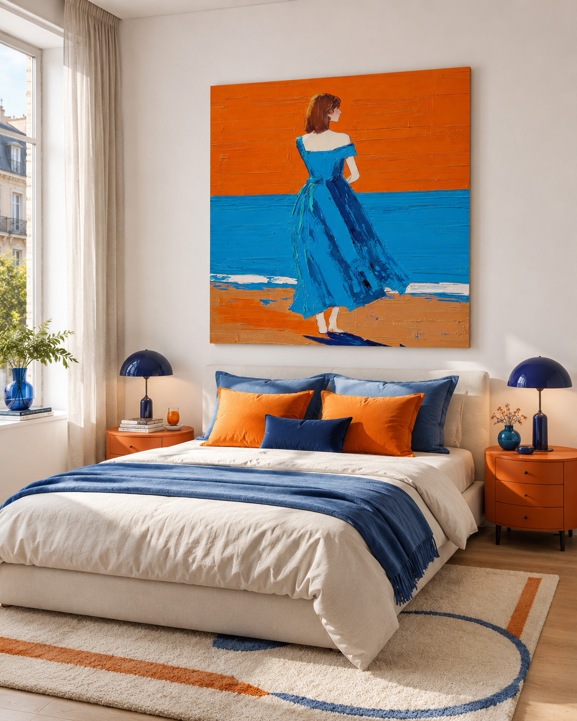 Expressive Figure Painting Solitary Woman At Sunset Beach For Living Room