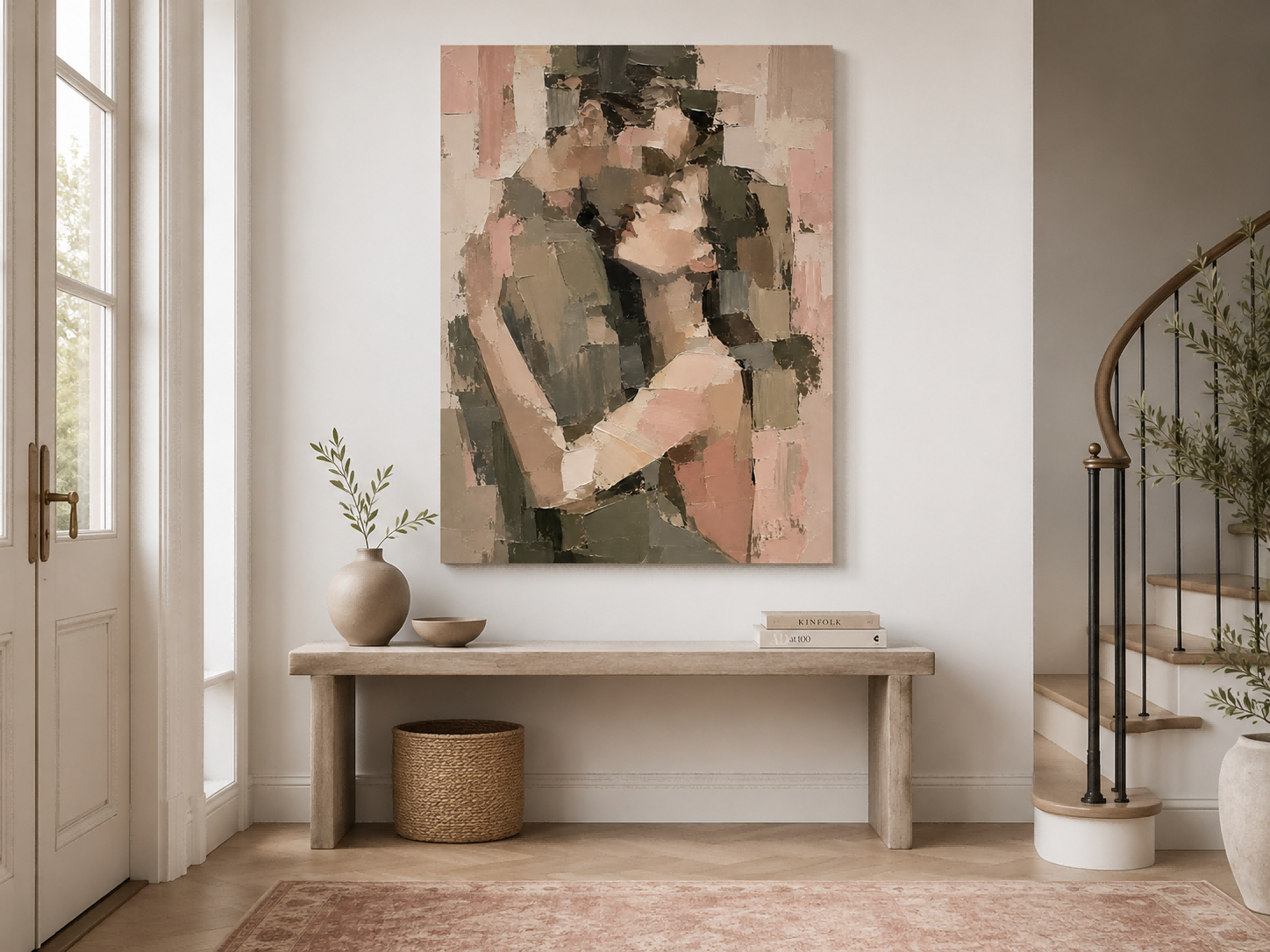 Modern Abstract Oil Painting Of Lovers Embrace With Geometric Impasto Texture For Bedroom Wall Art Decor