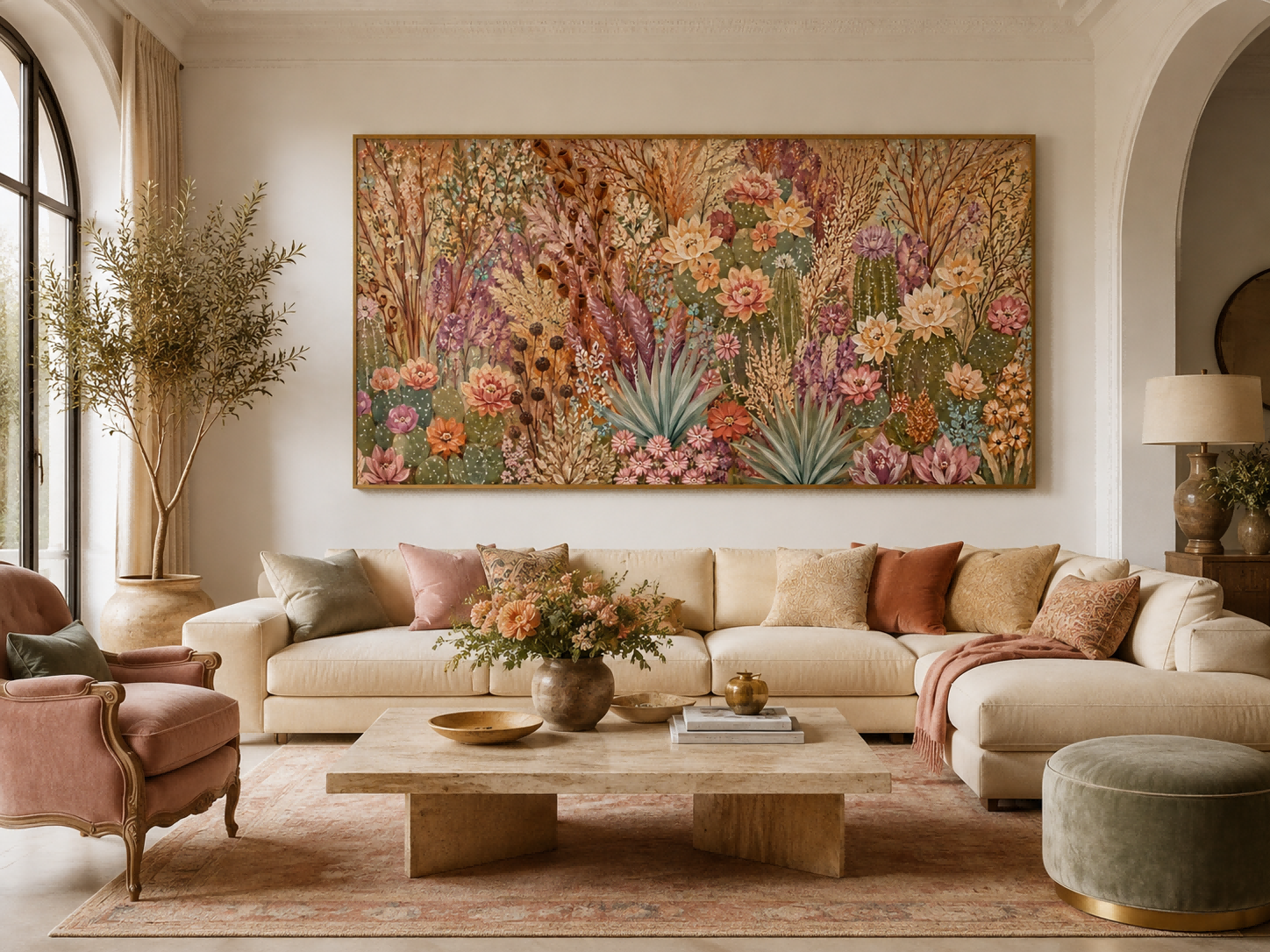 Romantic Vintage Desert Floral Art With Textured Earth Tones For Living Room Decor