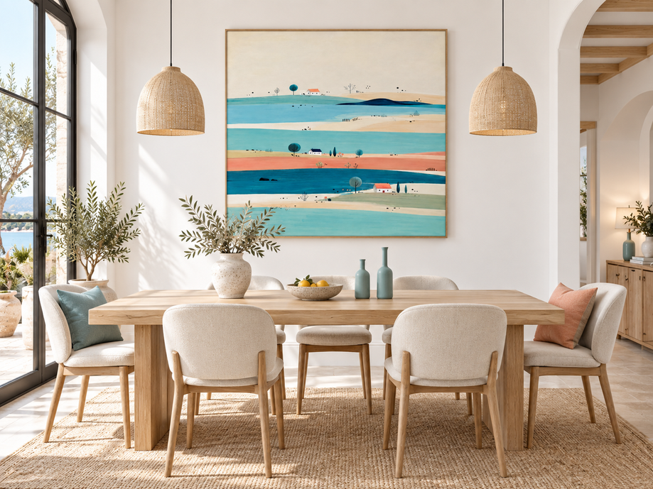 Hand-Painted Minimalist Landscape With Blue River And Houses