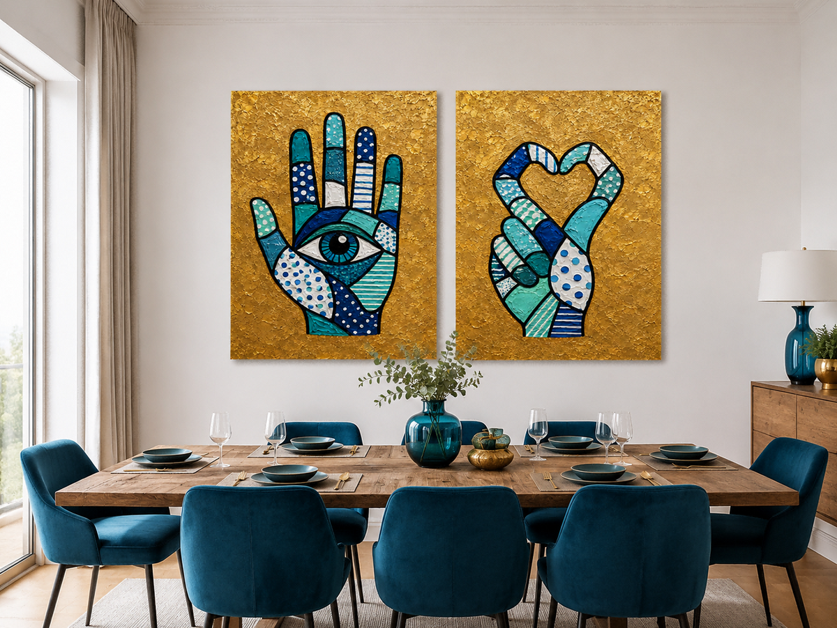 Hand-Painted Hamsa Eye And Heart Canvas Art Set With Gold Background