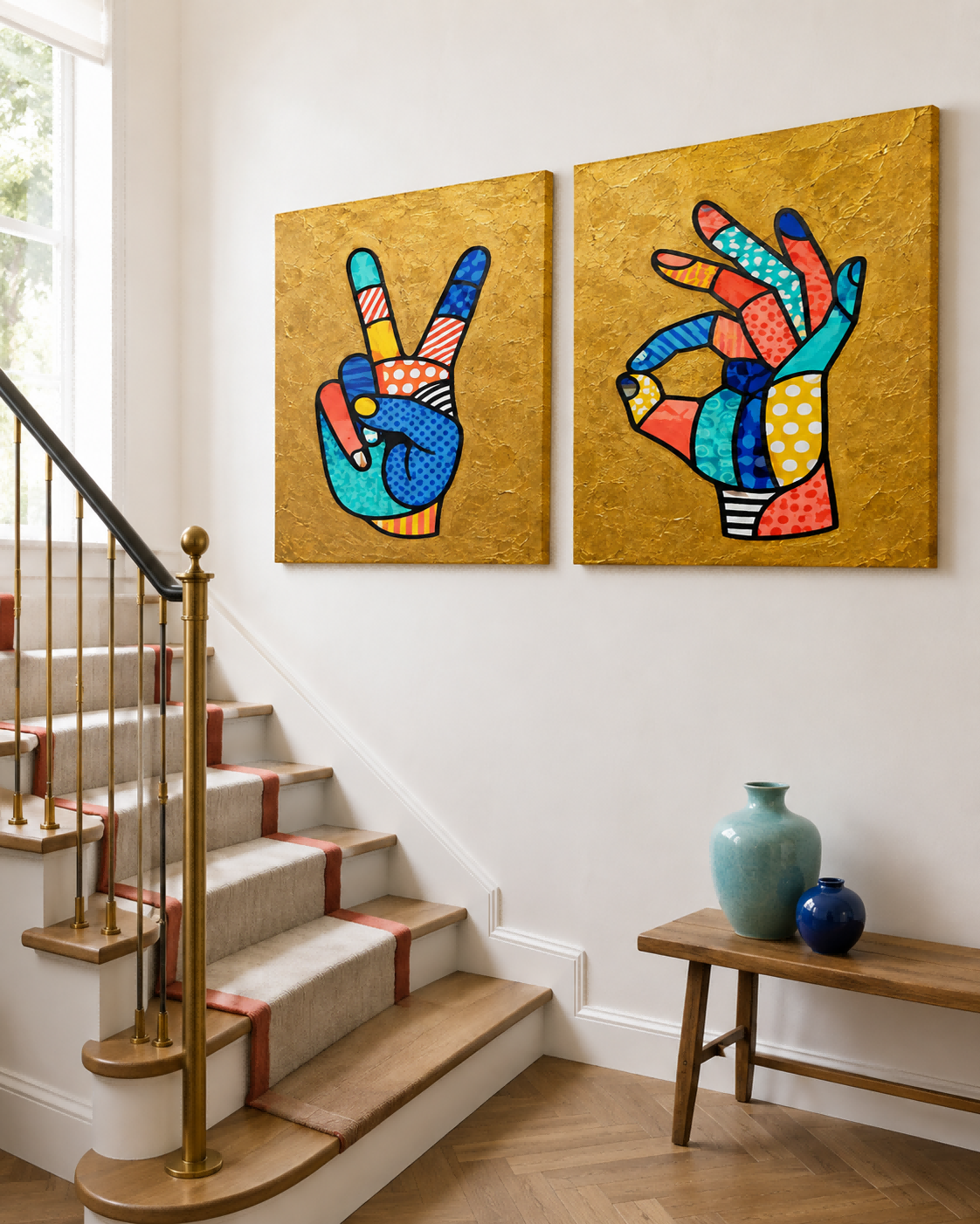 Pop Art Hand Gestures Canvas Painting Set With Gold Background