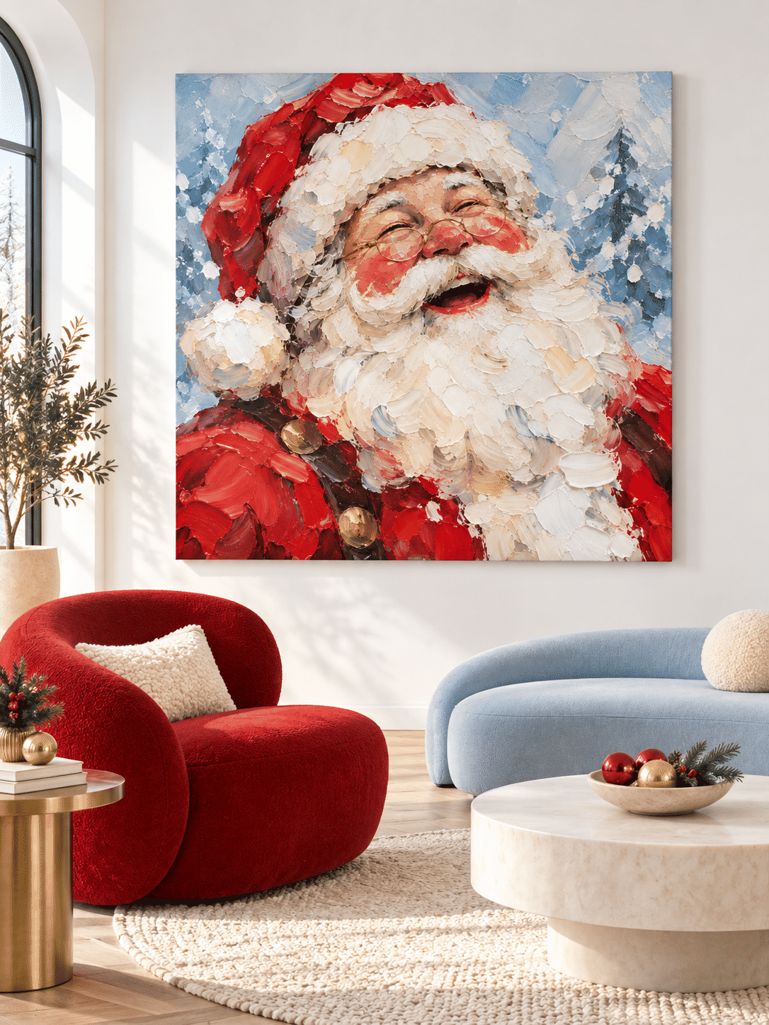 Hand-Painted Laughing Santa Portrait With Textured Red And Blue Canvas Art