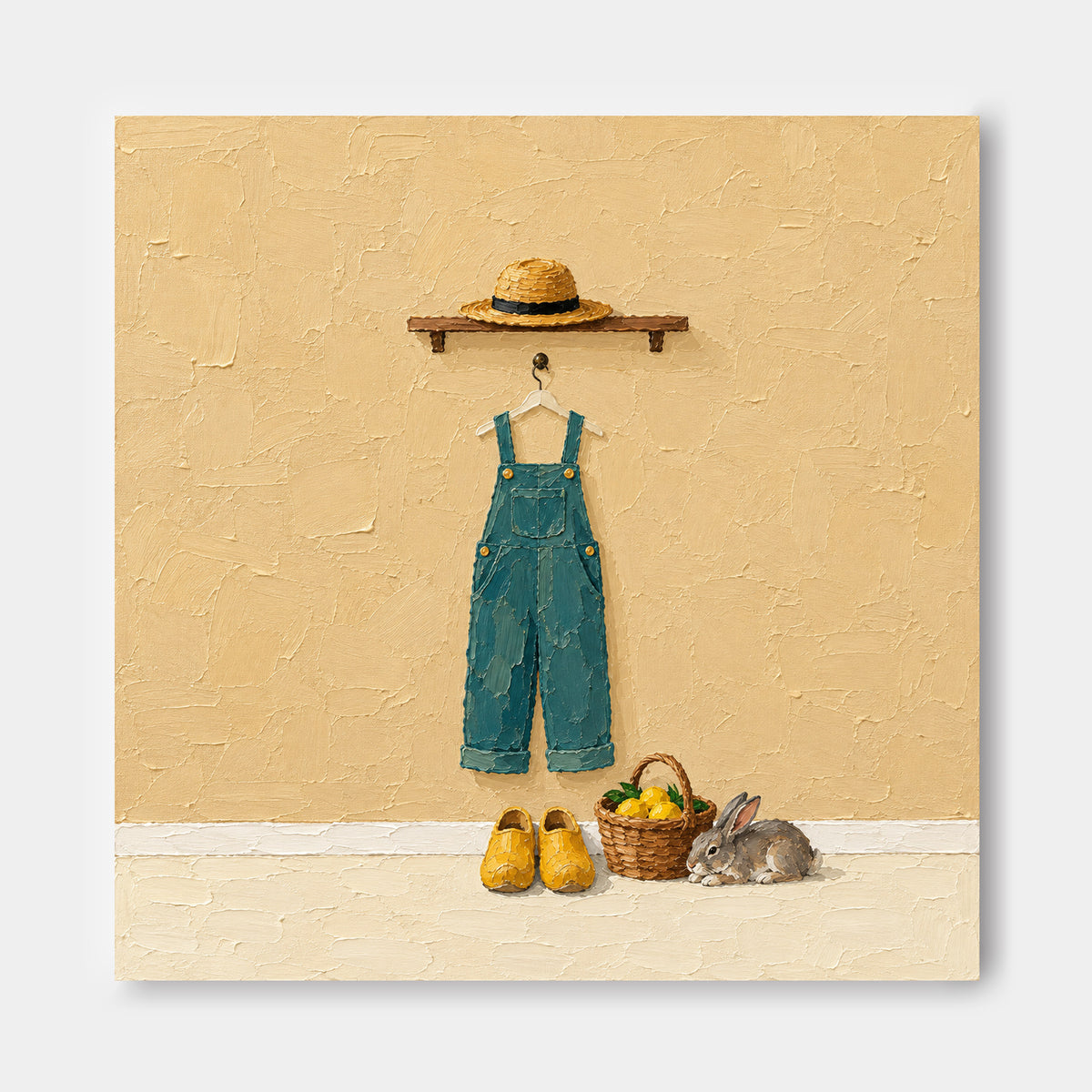 Rabbit And Overalls Wall Art Charming Entryway Art With Textured Beige And Blue-Green Tones