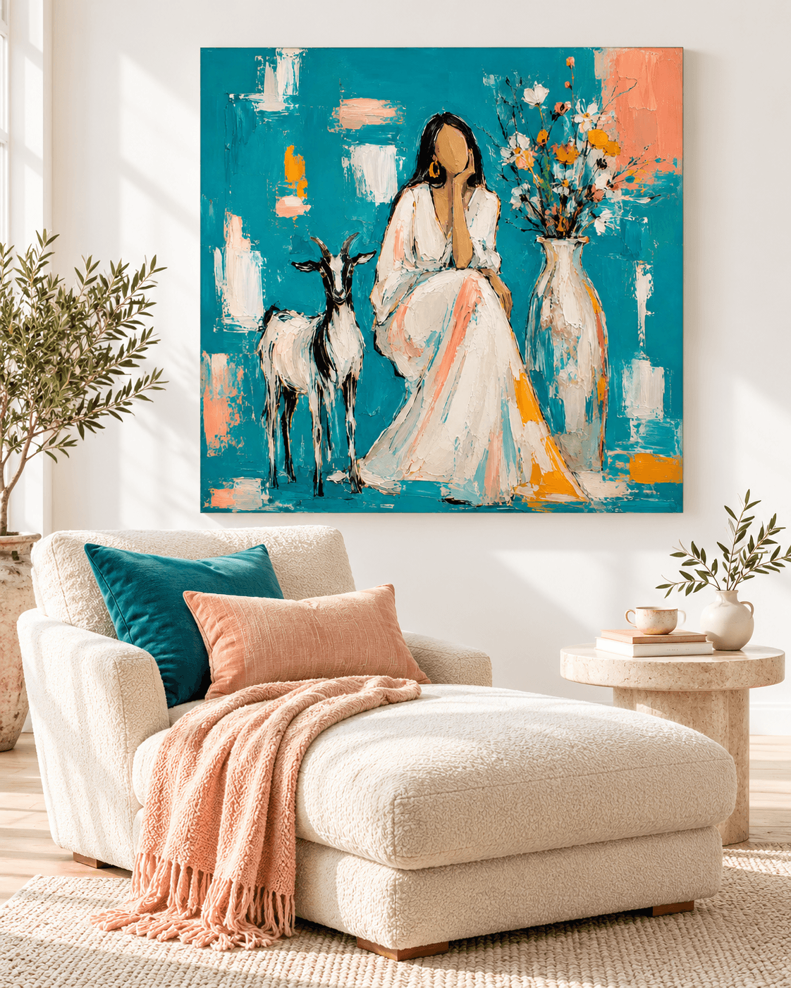 Minimalist Textured Oil Painting With Pastoral Theme And Blue Tone Woman With Goat And Flowers Abstract Canvas Art