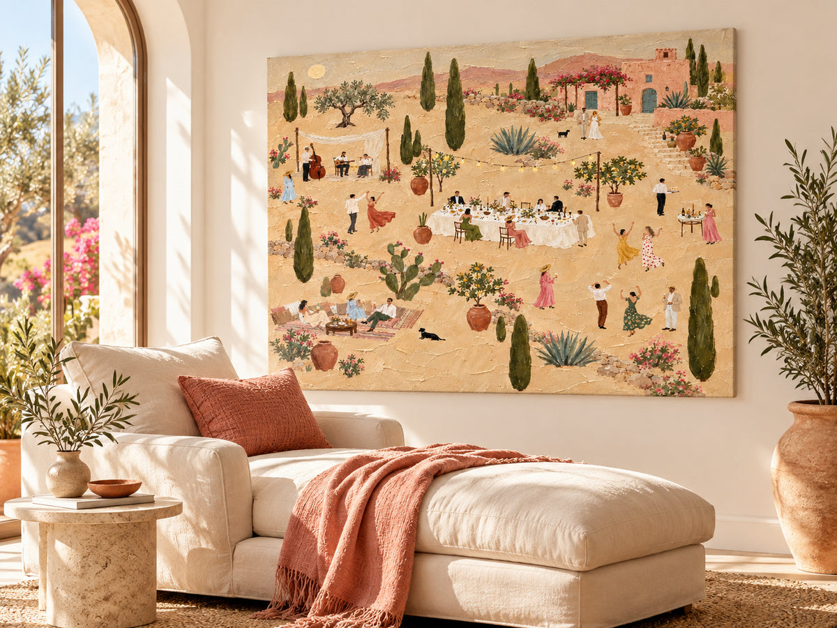 Outdoor Wedding Party Painting With Band And Guests In Tuscan Garden