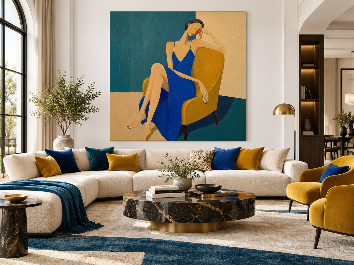 Minimalist Vintage Style Canvas Painting Textured Blue Beige Modern Portrait Art