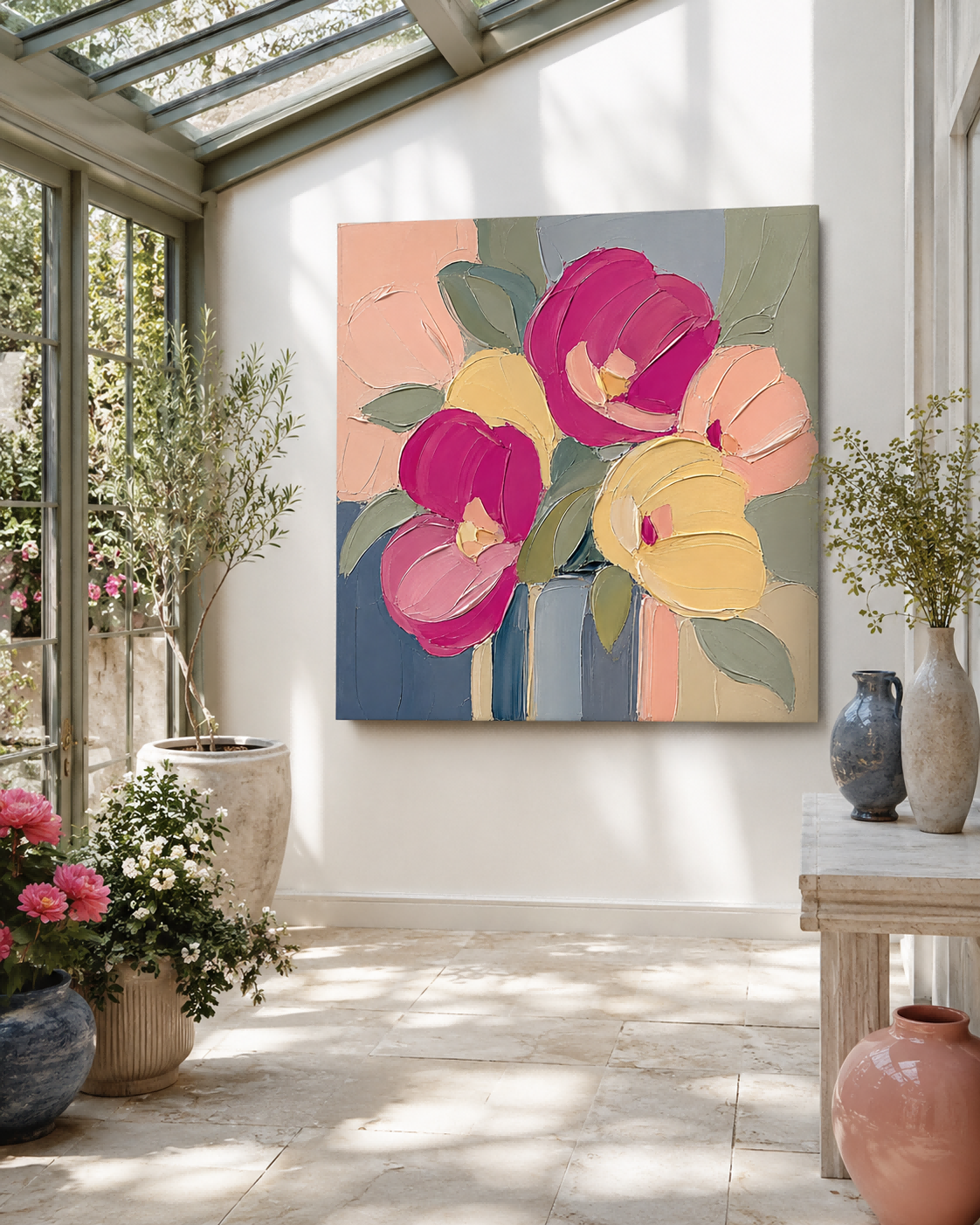 Modern Impasto Floral Painting With Bold Colors And Textured Brushwork For Art Collectors
